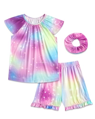 JiAmy Pyjamas Mädchen Sommer Pyjama Kinder 3-Teilig Kurzarm Schlafanzug Niedliche Drucken Pyjamas Sets Schlafanzüge für Kinder 140,Tie Dye von JiAmy