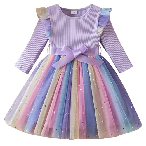 JiAmy Regenbogenkleider Mädchen Langarm Mädchenkleider Rippstrick Rainbow Tüllkleider Kinderkleid Rock mit Gürtel und Pailletten für 1-2 Jahre,Lila von JiAmy