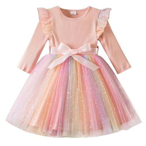 JiAmy Regenbogenkleider Mädchen Langarm Mädchenkleider Rippstrick Rainbow Tüllkleider Kinderkleid Rock mit Gürtel und Pailletten für 3-4 Jahre,Rosa von JiAmy