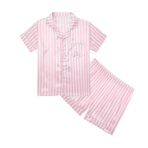 JiAmy Schlafanzug Mädchen Satin Kurzarm Kinder Schlafanzüge Sommer Button-Down Pjs Zweiteilig Nachtwäsche Lounge Sets Alter 5-6,Rosa Streifen von JiAmy