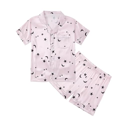 JiAmy Schlafanzug Mädchen Satin Kurzarm Kinder Schlafanzüge Sommer Button-Down Pjs Zweiteilig Nachtwäsche Lounge Sets Alter 5-6,Sternenhimmel von JiAmy