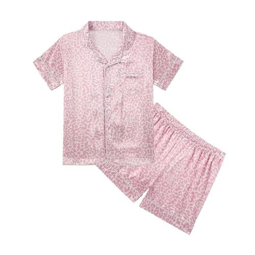 JiAmy Schlafanzug Mädchen Satin Kurzarm Kinder Schlafanzüge Sommer Button-Down Pjs Zweiteilig Nachtwäsche Lounge Sets Alter 9-10,Rosa Leopard von JiAmy