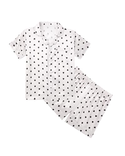 JiAmy Schlafanzug Mädchen Satin Kurzarm Kinder Schlafanzüge Sommer Button-Down Pjs Zweiteilig Nachtwäsche Lounge Sets Alter 9-10,Schwarzes Herz von JiAmy