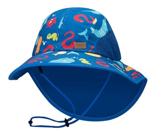 JiAmy Sonnenhut Baby Kinder Sommer UV-Schutz UPF 50+ Breiter Krempe Fischerhut mit Verstellbarem Kinnriemen Mädchen Jungen Nackenschutz Strandhut für 0-2 Jahre, Blauer Fisch von JiAmy