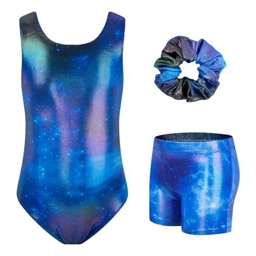 JiAmy Turnanzug Mädchen, Gymnastikanzug Kinder mit Hose Haarband Set, Glänzendes Gymnastik Turnanzug Leotard für 11-12 Jahre Blaue Sternennacht von JiAmy