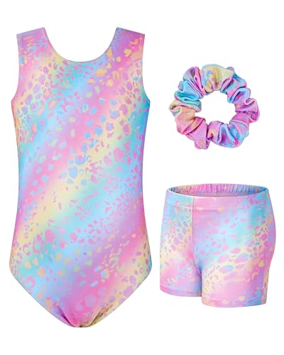 JiAmy Turnanzug Mädchen, Gymnastikanzug Kinder mit Hose Haarband Set, Glänzendes Gymnastik Turnanzug Leotard für 3-4 Jahre Bunter Leopard von JiAmy