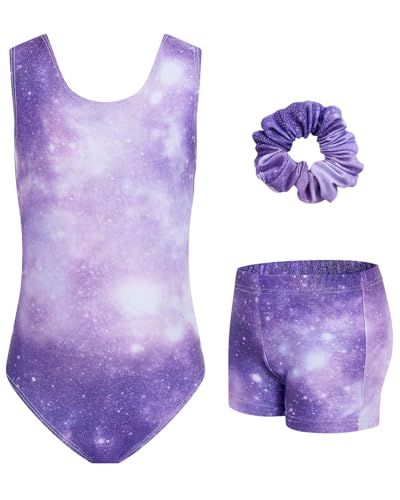 JiAmy Turnanzug Mädchen, Gymnastikanzug Kinder mit Hose Haarband Set, Glänzendes Gymnastik Turnanzug Leotard für 6-7 Jahre von JiAmy