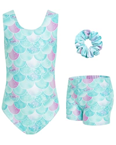 JiAmy Turnanzug Mädchen, Gymnastikanzug Kinder mit Hose Haarband Set, Glänzendes Gymnastik Turnanzug Leotard für 8-9 Jahre von JiAmy