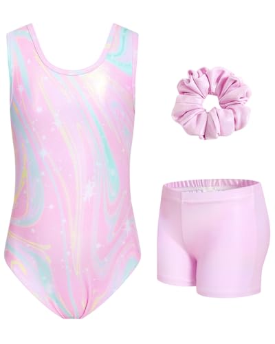JiAmy Turnanzug Mädchen, Gymnastikanzug Kinder mit Hose Haarband Set, Glänzendes Gymnastik Turnanzug Leotard für 9-10 Jahre von JiAmy