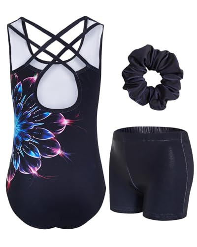 JiAmy Turnanzug Mädchen, Gymnastikanzug Mädchen Kinder Glitzer Gymnastik Turnanzug Leotard Mit Haarbändern und Shorts Set für 5-6 Jahre von JiAmy