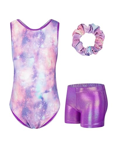 JiAmy Turnanzug Mädchen, Gymnastikanzug Kinder mit Hose Haarband Set, Glänzendes Gymnastik Turnanzug Leotard für 6-7 Jahre von JiAmy