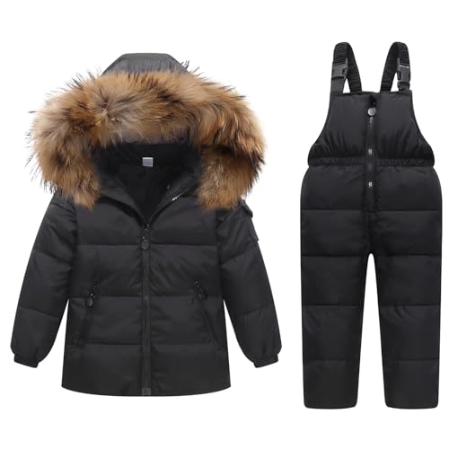 Kinder Bekleidungsset Junge Mädchen Süß Schneeanzug mit Kaputze Daunenjacke + Skihose 2tlg Verdickte Skianzug Winterjacke, Schwarz 2-3 Jahre von JiAmy