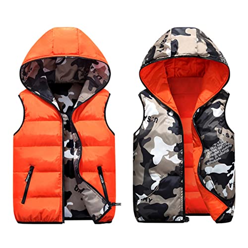 Kinder Daunenweste Winter Kapuzenweste Jungen Maedchen Reversibel Weste Ärmellos Tarnung Winterjacke Orange 4-5 Jahre von JiAmy