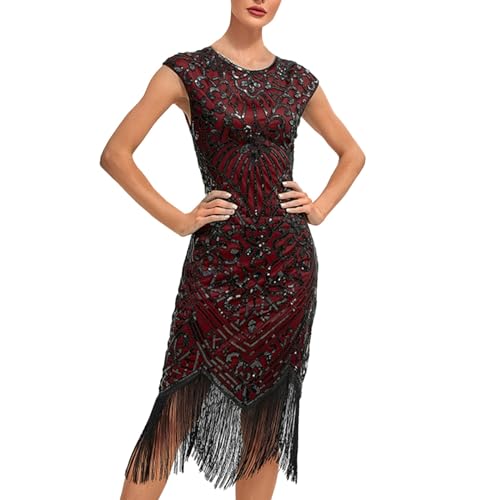 1920s Charleston Kleid Damen Knielang Flapper Charleston Kleid Pailletten Perlen Quasten Gatsby Kostüm Kleid 20er Jahre Retro Stil Abschlussballkleid Cocktailkleid Damen Fasching Kostüm Kleider von JiJiRuDU