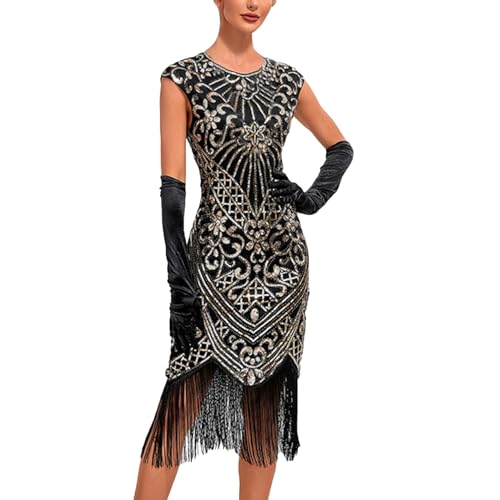 1920s Charleston Kleid Damen Knielang Flapper Charleston Kleid Pailletten Perlen Quasten Gatsby Kostüm Kleid 20er Jahre Retro Stil Abschlussballkleid Cocktailkleid Damen Fasching Kostüm Kleider von JiJiRuDU