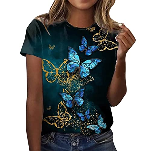 Bluse Damen Elegant Tshirt Damen Lässige Oberteile mit 3D Rosen Schmetterlings Druck Sommer Tops Kurzärmliges T Shirt mit O Ausschnitt Floralen Motiven Hemden Basic Shirt Longshirt Damen von JiJiRuDU