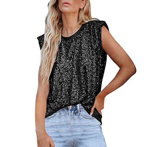 Damen Glitzer Pailletten Top Ärmellos Schulterpolster T Shirt Causal Rundhals Festlich Bluse Shirt Lose Sparkle Tunika Sommer Glitzershirt Top für Party von JiJiRuDU