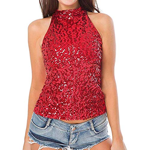 Damen Neckholder Pailletten Tanktop Shirt Hinten Offen Glitzer Tops Sexy Ärmellos Pailletten Oberteil Festlich Bluse Shirt Slim Fit Sparkle Glitzershirt Top für Party Rot, Einheitsgröße von JiJiRuDU