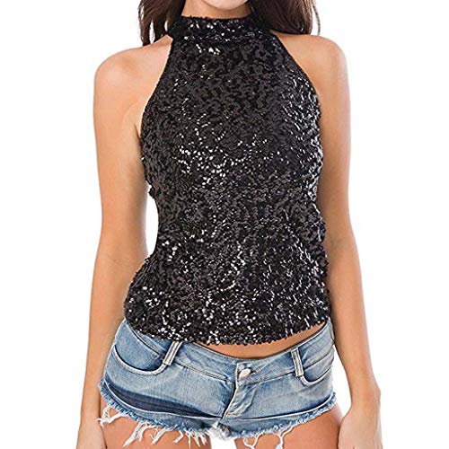 Damen Neckholder Pailletten Tanktop Shirt Hinten Offen Glitzer Tops Sexy Ärmellos Pailletten Oberteil Festlich Bluse Shirt Slim Fit Sparkle Glitzershirt Top für Party Schwarz, Einheitsgröße von JiJiRuDU