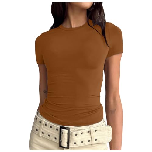 Damen Skims Dupe Basic T-Shirts Kurzarm Crop Top Casual Y2K Rundhalsausschnitt Tops Slim Fit Tshirts Kaffee S von JiJiRuDU