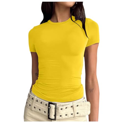 Damen Skims Top Basic Slim Fit Tshirt Enge Y2K Crop Tops Kurzarm Rundhals Y2K Shirts Casual Athletisches Oberteile Top Teenager Mädchen Streetwear Gelb M von JiJiRuDU