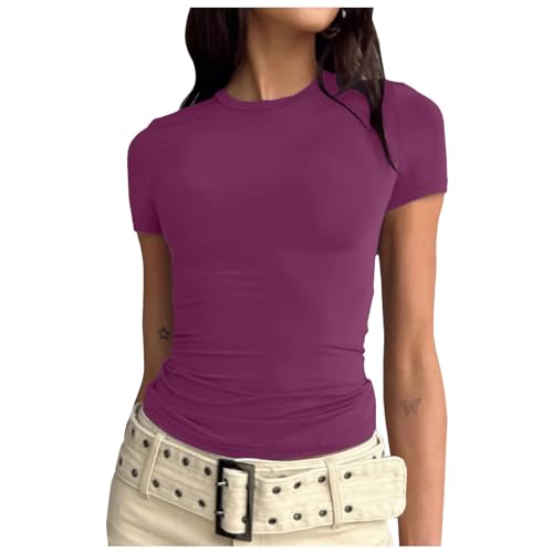 Damen Skims Top Basic Slim Fit Tshirt Enge Y2K Crop Tops Kurzarm Rundhals Y2K Shirts Casual Athletisches Oberteile Top Teenager Mädchen Streetwear Gelb XS von JiJiRuDU