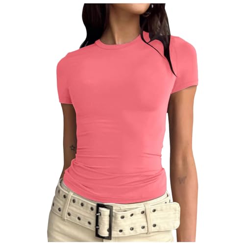 Damen Skims Top Basic Slim Fit Tshirt Enge Y2K Crop Tops Kurzarm Rundhals Y2K Shirts Casual Athletisches Oberteile Top Teenager Mädchen Streetwear Gelb XS von JiJiRuDU