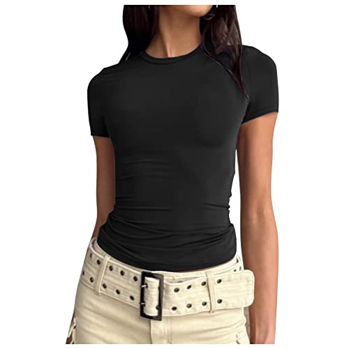 Damen Skims Top Basic Slim Fit Tshirt Enge Y2K Crop Tops Kurzarm Rundhals Y2K Shirts Casual Athletisches Oberteile Top Teenager Mädchen Streetwear Gelb XS von JiJiRuDU