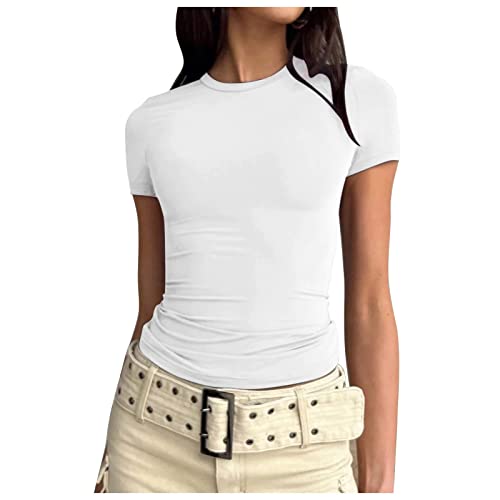 Damen Skims Top Basic Slim Fit Tshirt Enge Y2K Crop Tops Kurzarm Rundhals Y2K Shirts Casual Athletisches Oberteile Top Teenager Mädchen Streetwear Gelb XS von JiJiRuDU