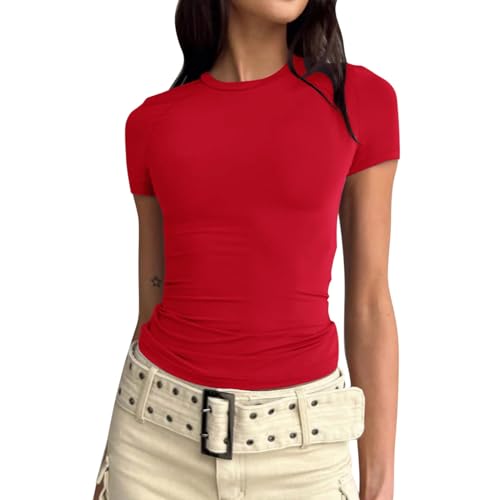 Damen Skims Tshirt Basic T-Shirts Kurzarm Crop Top Casual Y2K Rundhalsausschnitt Tops Slim Fit Tshirts Rot M von JiJiRuDU