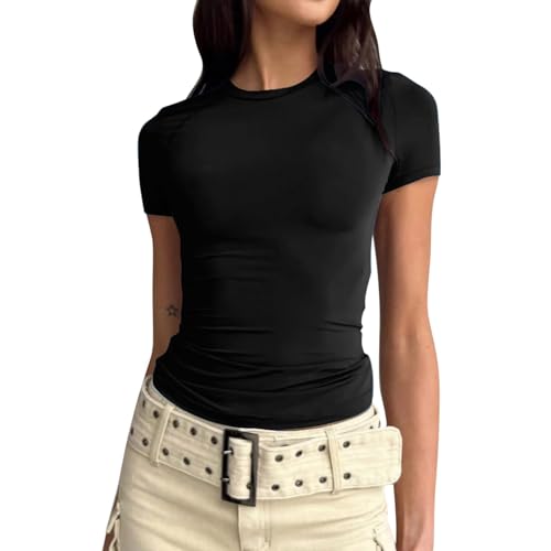 Damen Skims Tshirt Basic T-Shirts Kurzarm Crop Top Casual Y2K Rundhalsausschnitt Tops Slim Fit Tshirts Schwarz S von JiJiRuDU