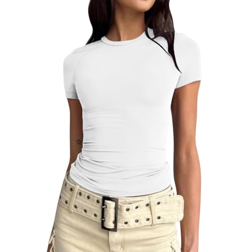 Damen Skims Tshirt Basic T-Shirts Kurzarm Crop Top Casual Y2K Rundhalsausschnitt Tops Slim Fit Tshirts Weiß S von JiJiRuDU