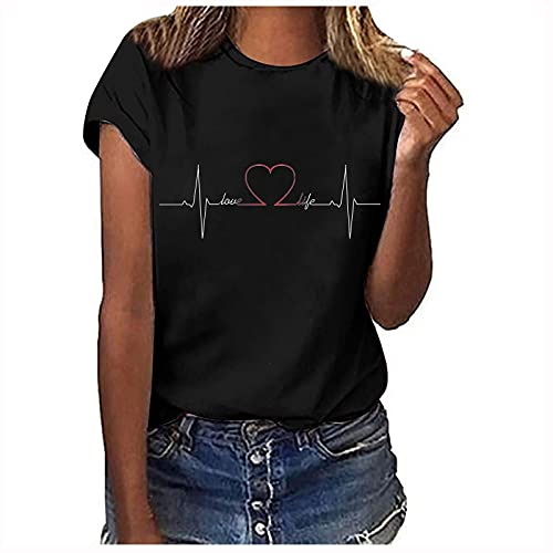 Damen Sommer Shirts Damen Basic T Shirt Bedrucken Rundhalsausschnitt Schwarz Oberteile Baumwolle Casual Damen Kurzarm Bluse Tops Longshirt Damen von JiJiRuDU