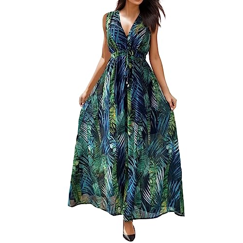 Damen Sommerkleid Lang Maxikleid Sommer V Ausschnitt Kleid Blumen Druck Hawaii Maxikleider Elegant Freizeitkleider Ärmellos Strandkleid Lang Kleider Partykleid Freizeitkleider Boho Maxi Dress von JiJiRuDU