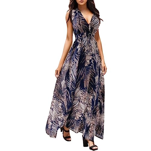 Damen Sommerkleid Lang Maxikleid Sommer V Ausschnitt Kleid Blumen Druck Hawaii Maxikleider Elegant Freizeitkleider Ärmellos Strandkleid Lang Kleider Partykleid Freizeitkleider Boho Maxi Dress von JiJiRuDU