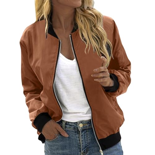 Dünne Bomberjacke Damen Leicht Blouson Jacke Kurz Woman Bomber Jacket Weihnachten Light Sommerjacke Pilotenjacke Frühlingsblouson Basic Frühling Kaffee von JiJiRuDU