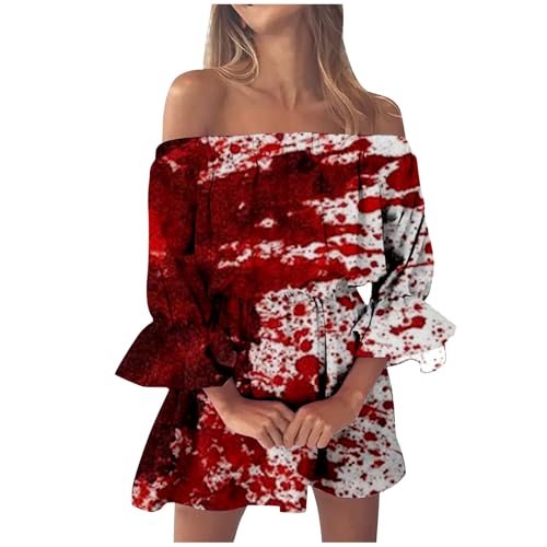 JiJiRuDU Halloween Karneval Kleid Damen Terrifier Kostüm Blutspritzer Bandeau Schulterfreie Partykleid Blutig Bedruckt Trägerloses Kleid Horror Blutiges Kleidung Gruselig Cocktailkleid von JiJiRuDU