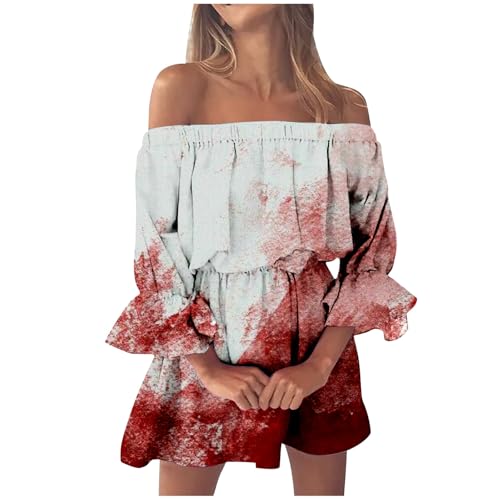 JiJiRuDU Halloween Karneval Kleid Damen Terrifier Kostüm Blutspritzer Bandeau Schulterfreie Partykleid Blutig Bedruckt Trägerloses Kleid Horror Blutiges Kleidung Gruselig Cocktailkleid von JiJiRuDU