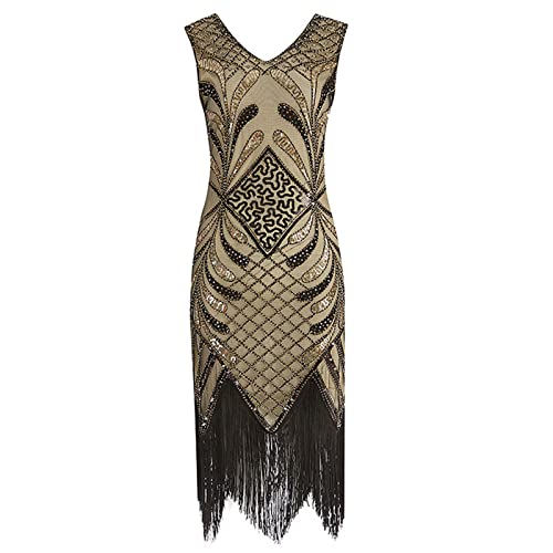 JiJiRuDU 1920s Charleston Kleid Damen Knielang Flapper Kleid Pailletten Perlen Fransen Quasten Great Gatsby Kostüm Kleid 20er Jahre Abschlussballkleid Cocktailkleid Damen Fasching Kostüm Fransenkleid von JiJiRuDU