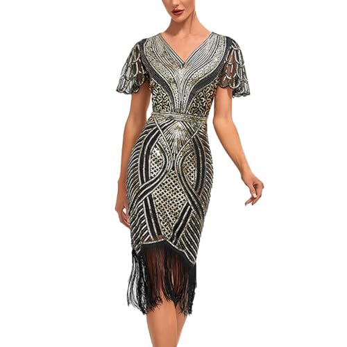 JiJiRuDU 1920s Charleston Kleid Damen Knielang Flapper Kleid Perlen Fransen Gatsby Cocktail Party Kostüm 20er Jahre Cocktailkleid Abendkleid Partykleid Damen Fasching Kostüm Paillettenkleider von JiJiRuDU