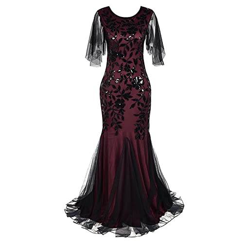 JiJiRuDU 1920s Kleid Damen Lange Flapper Charleston Kleid Lochstickerei Gatsby Cocktail Party Kostüm Kleid 20er Jahre Vintage Cocktailkleid Abendkleid Partykleid Damen Fasching Kostüm Kleid von JiJiRuDU