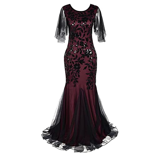 JiJiRuDU 1920s Kleid Damen Lange Flapper Charleston Kleid Lochstickerei Gatsby Cocktail Party Kostüm 20er Jahre Vintage Cocktailkleid Abendkleider Partykleid von JiJiRuDU
