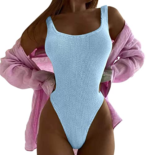 JiJiRuDU Badeanzug Damen Bauchweg High Waist Push up Monokini High Leg Cut Raffung Weicher RIPP Schwimmanzug Einteilige Bademode Swimsuit für Frauen(Blau, S) von JiJiRuDU