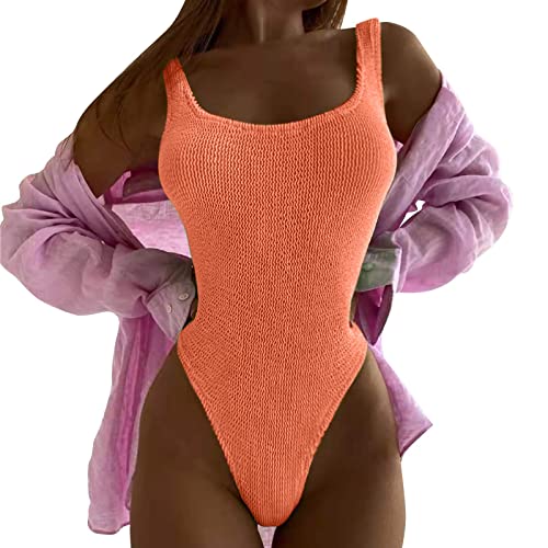 JiJiRuDU Badeanzug Damen Bauchweg High Waist Push up Monokini High Leg Cut Raffung Weicher RIPP Schwimmanzug Einteilige Bademode Swimsuit für Frauen(Orange, M) von JiJiRuDU