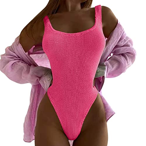 JiJiRuDU Badeanzug Damen Bauchweg High Waist Push up Monokini High Leg Cut Raffung Weicher RIPP Schwimmanzug Einteilige Bademode Swimsuit für Frauen(Rosa, XL) von JiJiRuDU