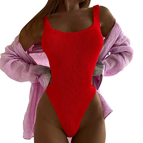 JiJiRuDU Badeanzug Damen Bauchweg High Waist Push up Monokini High Leg Cut Raffung Weicher RIPP Schwimmanzug Einteilige Bademode Swimsuit für Frauen(Rot, XL) von JiJiRuDU