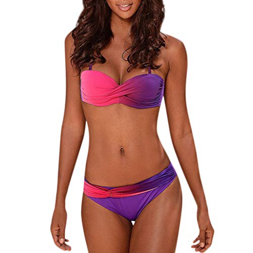 JiJiRuDU Bandeau Bikini Set Damen Push Up Crossover Bikinioberteil Mit Bügel Strandmode Ruched Bauchweg Farbverlauf Bikinis Bademode Zweiteiliger Badeanzug Swimsuit(Lila,S) von JiJiRuDU