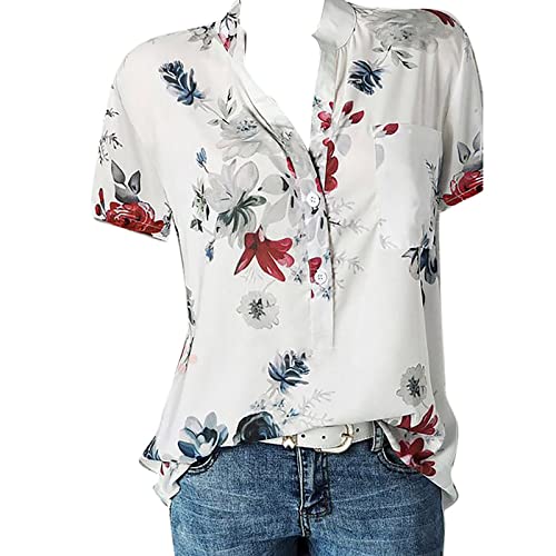 JiJiRuDU Bluse Damen Sommer Kurzarm Oberteile Tshirt V-Ausschnitte Elegant Sommershirts Mode Lose Damenblusen Knopfleiste Blumen Drucken Hemdbluse T-Shirt Tops Henley Hemd Basic Shirts von JiJiRuDU