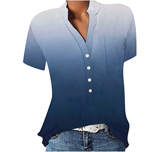 JiJiRuDU Bluse Damen Sommer Kurzarm Oberteile Tshirt V-Ausschnitte Elegant Sommershirts Mode Lose Damenblusen Knopfleiste Blumen Drucken Hemdbluse T-Shirt Tops Henley Hemd Basic Shirts von JiJiRuDU