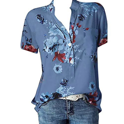 JiJiRuDU Bluse Damen Sommer Kurzarm Oberteile Tshirt V-Ausschnitte Elegant Sommershirts Mode Lose Damenblusen Knopfleiste Blumen Drucken Hemdbluse T-Shirt Tops Henley Hemd Basic Shirts von JiJiRuDU